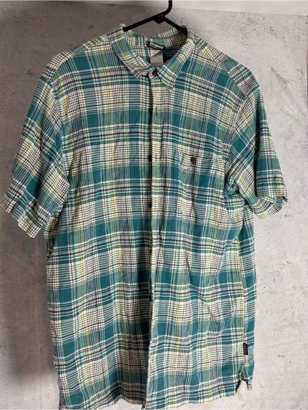 Patagonia Teal and White Plaid Short-Sleeve Button-Down Shirt
